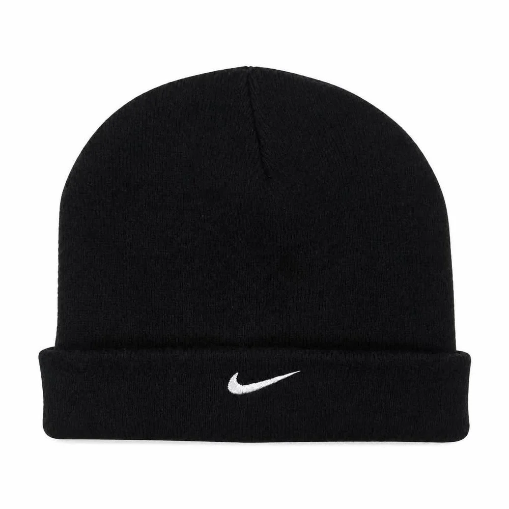 Nike Youth Beanie Hat Black White Embroidered Swoosh Cuffed Knit Winter Cap Kids